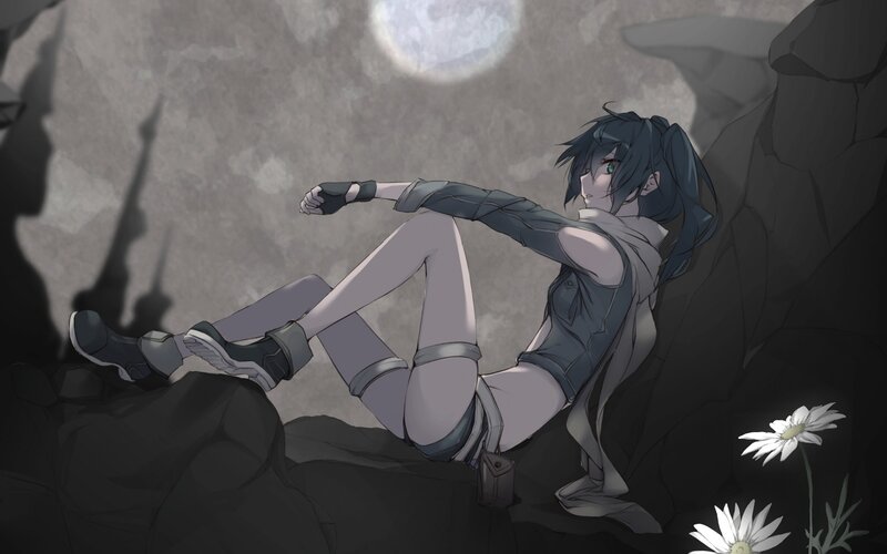 Anime Character Sitting on Rocks