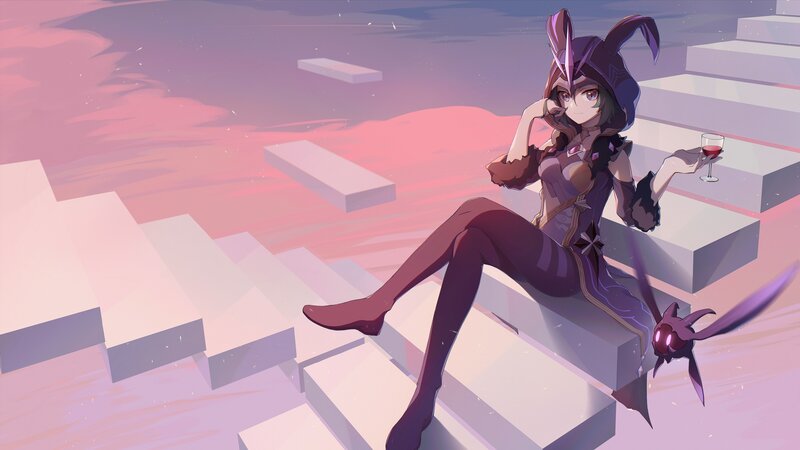Anime Character Sitting — Purple, Calm, Sunset