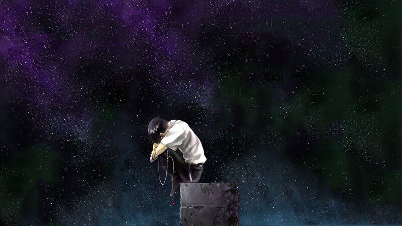 Anime Character Sitting — Purple, Melancholic, Night