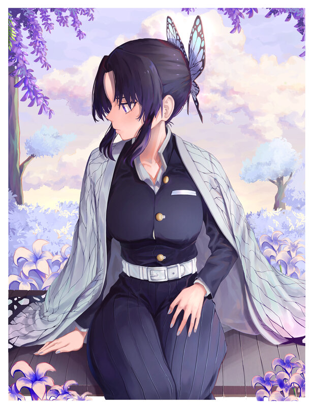Anime Character Sitting — Purple, Serene, Spring, Digital Art