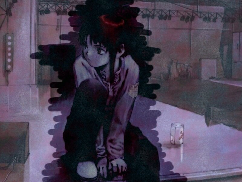 Anime Character Sitting — Purple, Somber