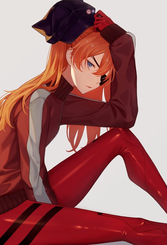 Anime Character Sitting — Red, Calm, Digital Art
