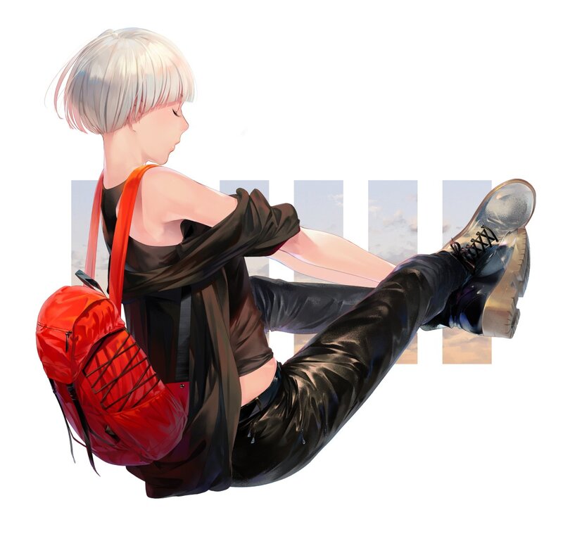 Anime Character Sitting — Red, Calm, Sunset