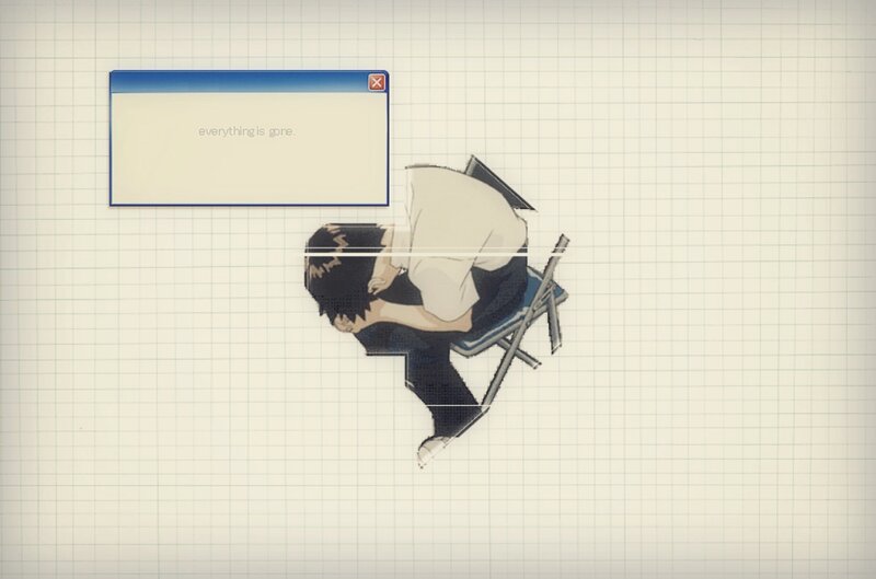 Anime Character Sitting — White, Melancholic, Computer Window