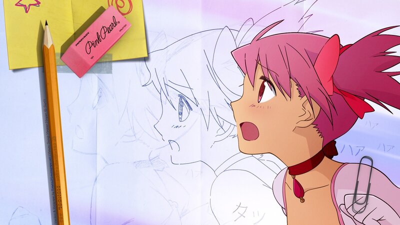 Anime character sketch with art supplies