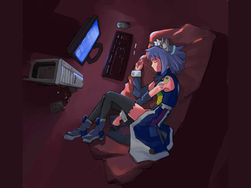 anime character sleeping at computer