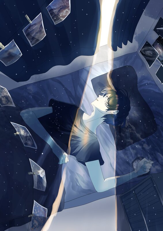 Anime Character Sleeping — Blue, Serene, Night