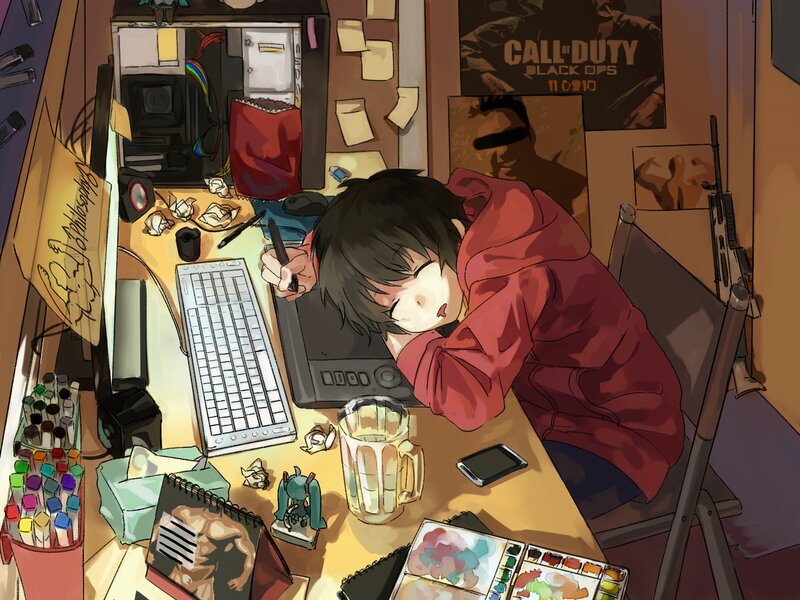 Anime Character Sleeping — Brown, Tired