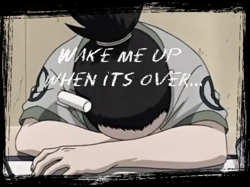 Anime Character Sleeping — Gray, Tired, Text Overlay