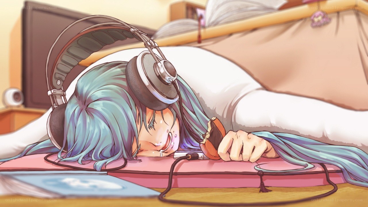 Anime character sleeping with headphones