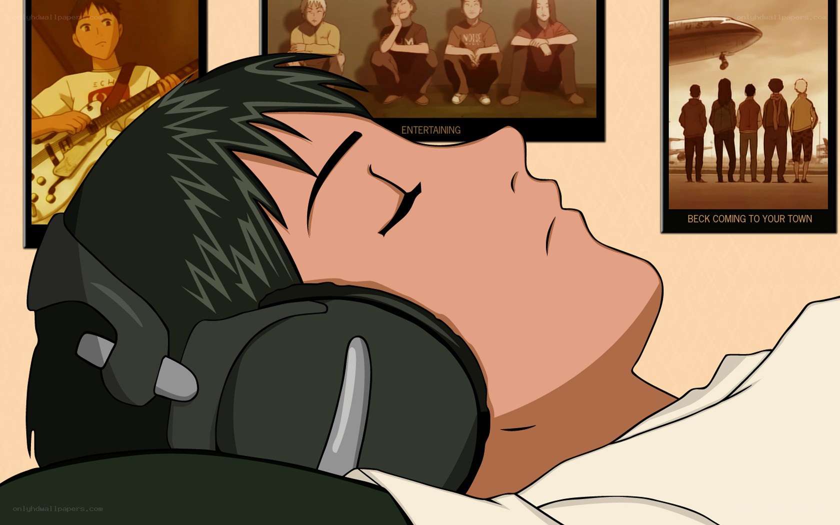 Anime character sleeping with headphones