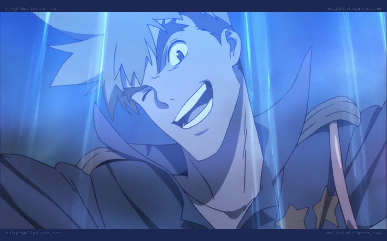 anime character smiling in blue light