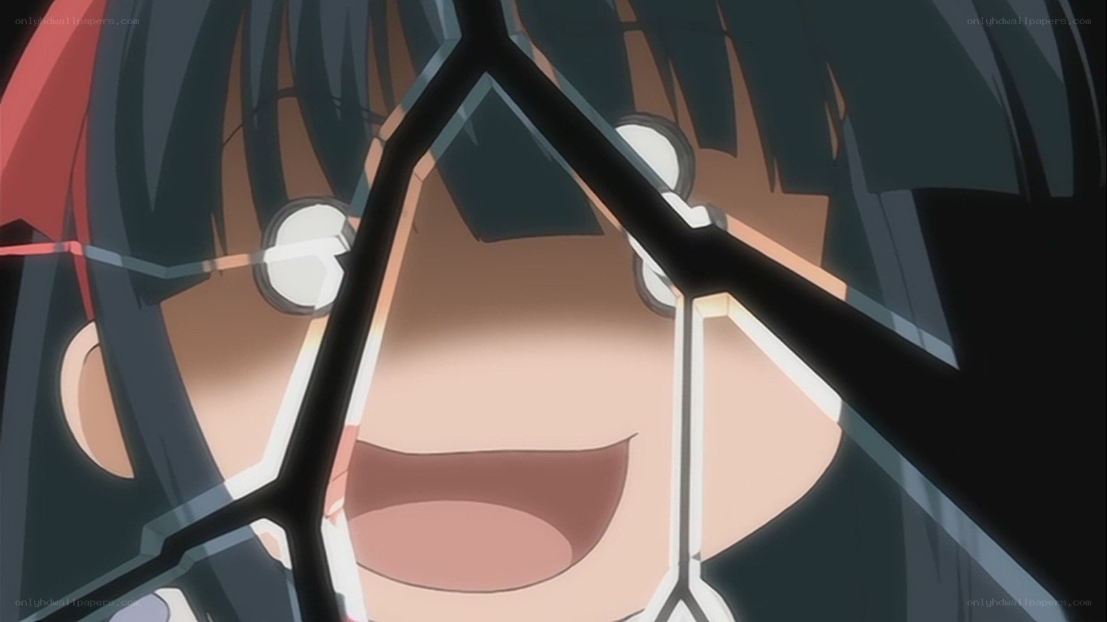 anime character smiling through glass