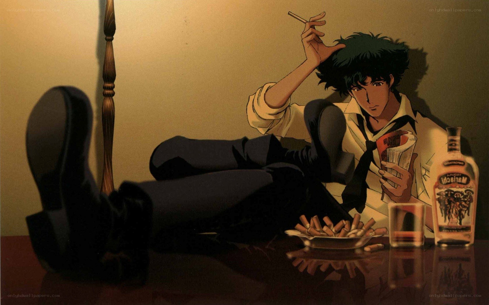 anime character smoking and drinking