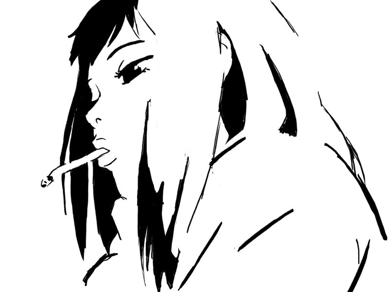 Anime Character Smoking — Black, Contemplative