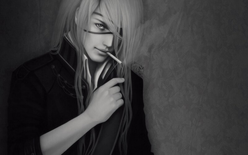 Anime Character Smoking — Black, Dramatic, Digital Art