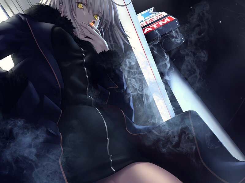 Anime Character Smoking — Black, Dramatic, Night, Digital Art, Cigarette