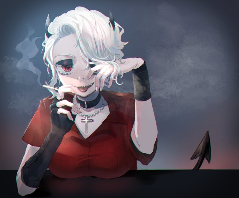 Anime Character Smoking — Red, Dramatic, Night, Digital Art