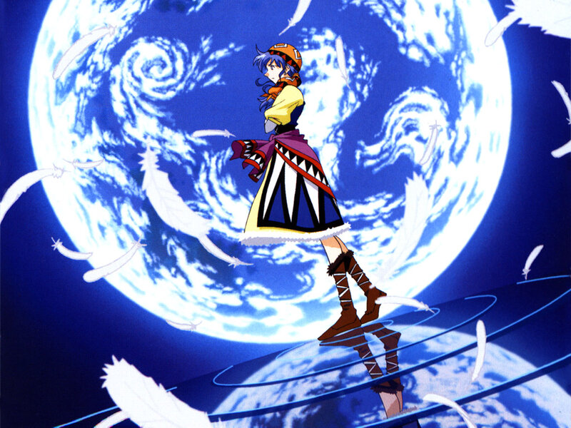 Anime Character Standing — Blue, Dramatic, Feathers