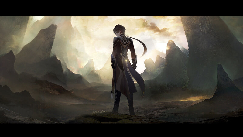 Anime Character Standing — Brown, Dramatic, Sunset, Digital Art