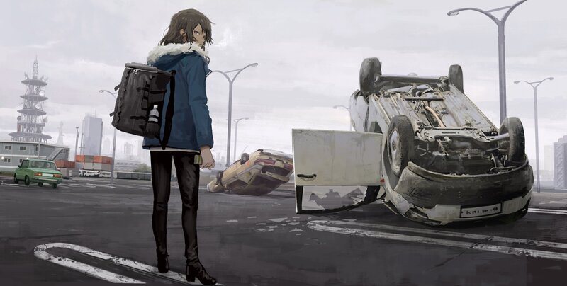 Anime Character Standing — Gray, Dramatic, Afternoon