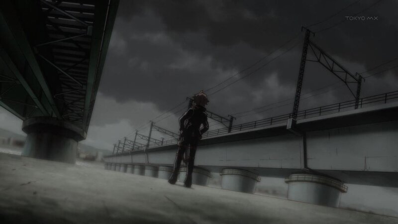 Anime Character Standing — Gray, Dramatic, Bridge
