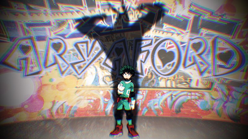 Anime Character Standing — Green, Dramatic, Graffiti Wall