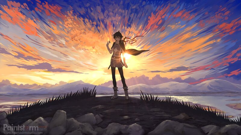Anime Character Standing — Orange, Dramatic, Sunset