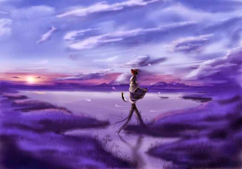 Anime Character Standing — Purple, Serene, Sunset
