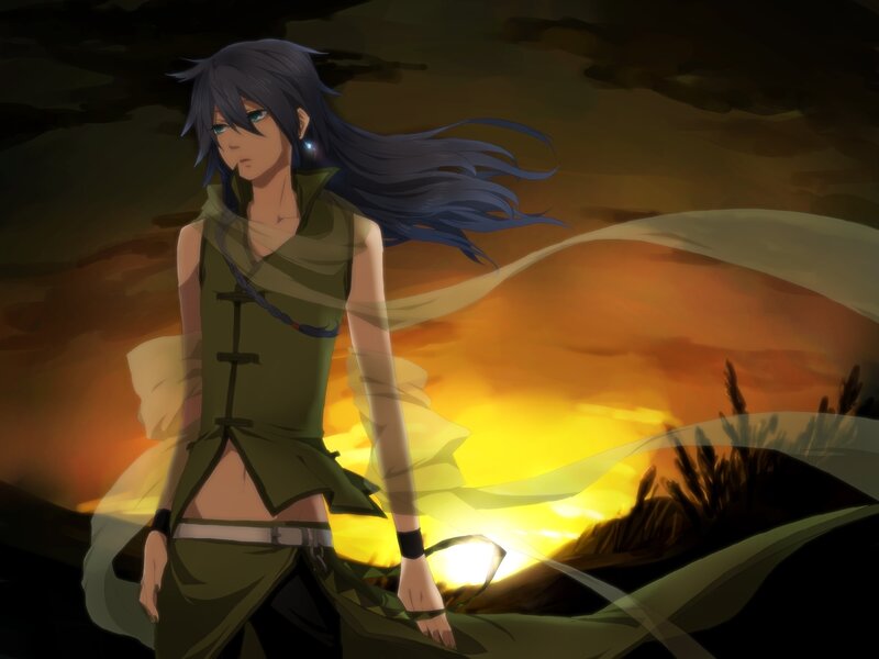 Anime Character Standing — Yellow, Dramatic, Sunset