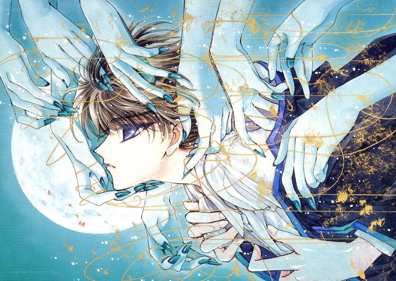 Anime character surrounded by hands