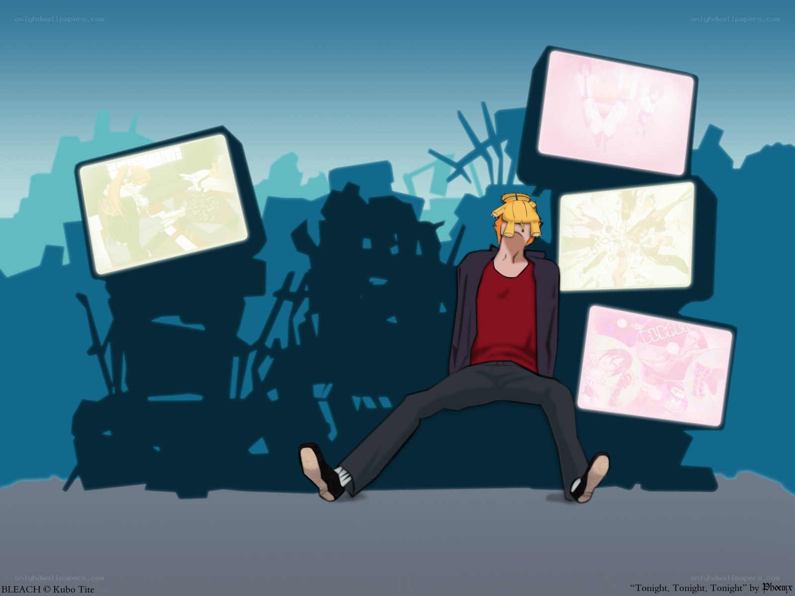 Anime character surrounded by screens