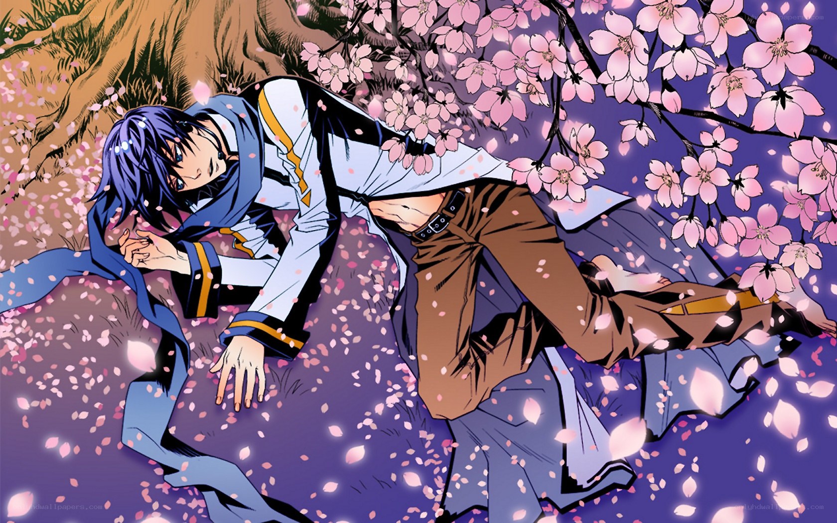 Anime character under cherry blossoms