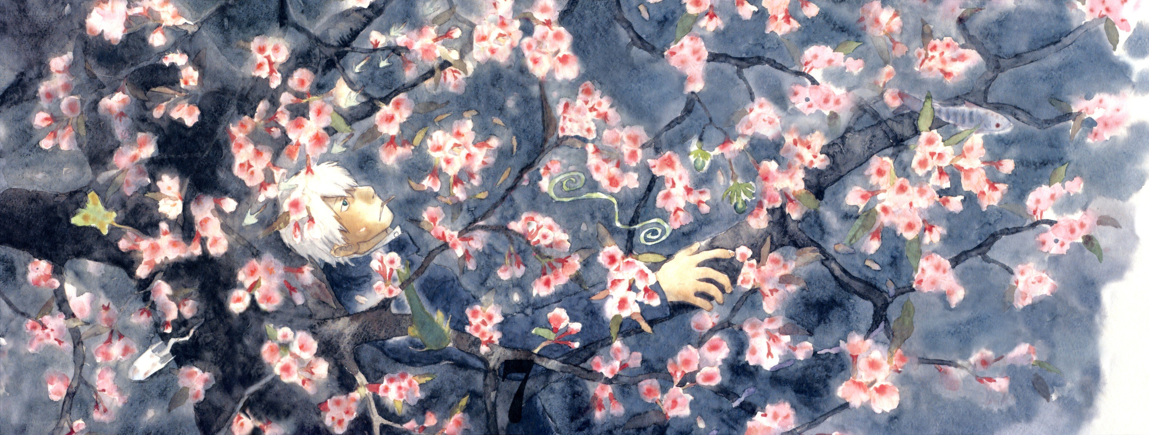 Anime character under cherry blossoms