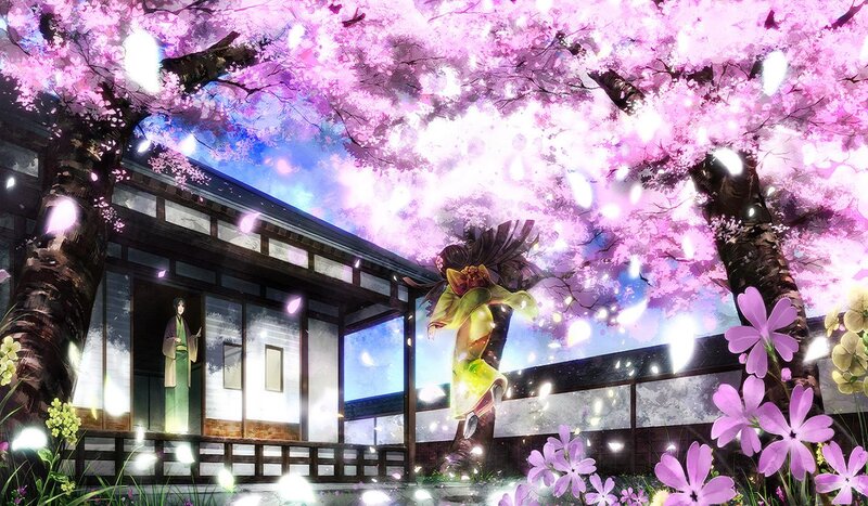 Anime Character under Cherry Blossoms — Pink, Serene