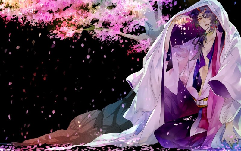 Anime Character under Cherry Blossoms — Purple, Dramatic, Night