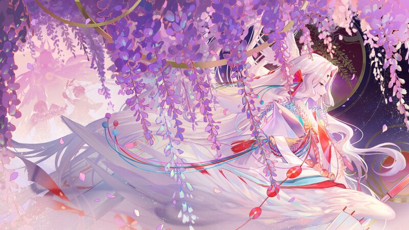 Anime Character under Flowers — Purple