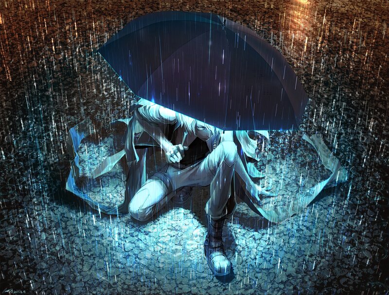 Anime Character under Umbrella — Blue, Dramatic, Night, Digital Art, Rain