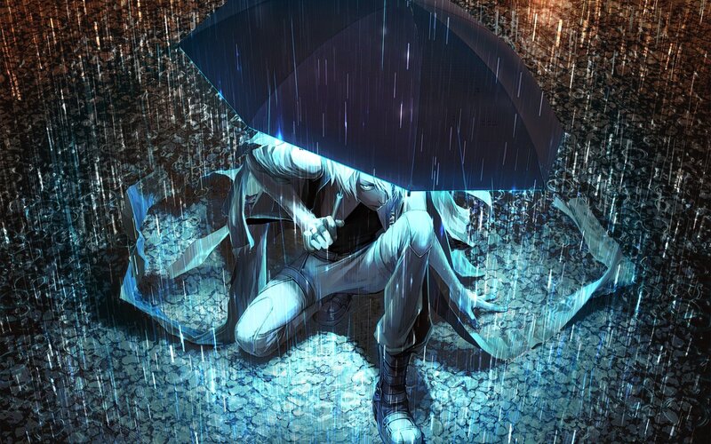 Anime Character under Umbrella — Blue, Dramatic, Night, Digital Art