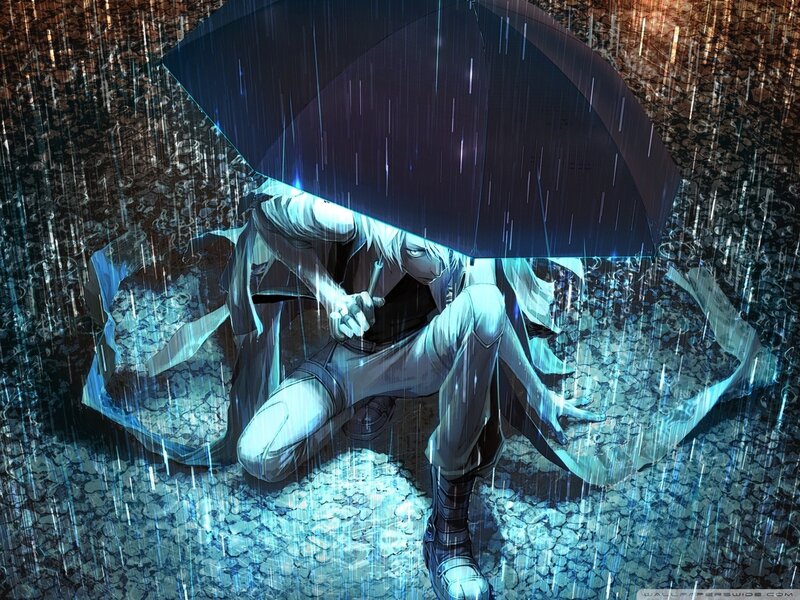 Anime Character under Umbrella — Blue, Dramatic, Night, Rain