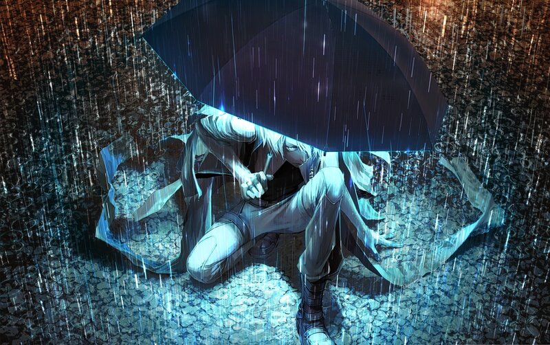 Anime Character under Umbrella — Blue, Dramatic, Night