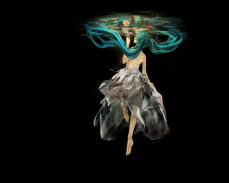 Anime Character Underwater — Black, Dramatic, Digital Art, Long Hair