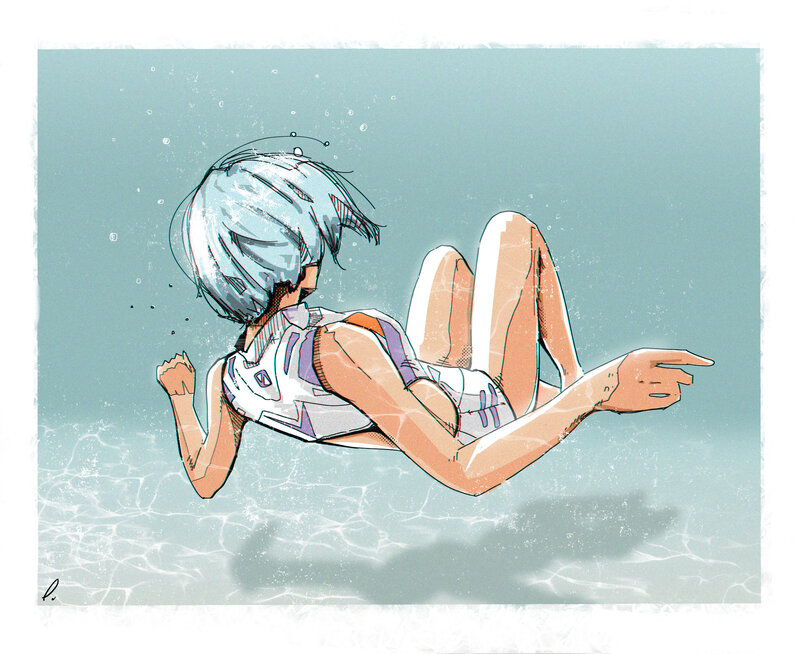 Anime Character Underwater — Blue, Calm, Digital Art