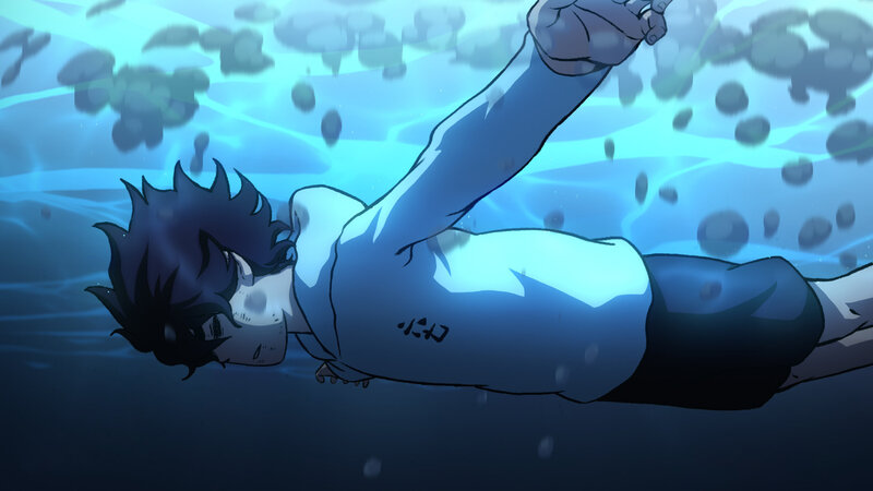 Anime Character Underwater — Blue, Dramatic, Bubbles, Swimming