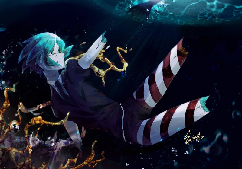 Anime Character Underwater — Blue, Dramatic, Night, Digital Art