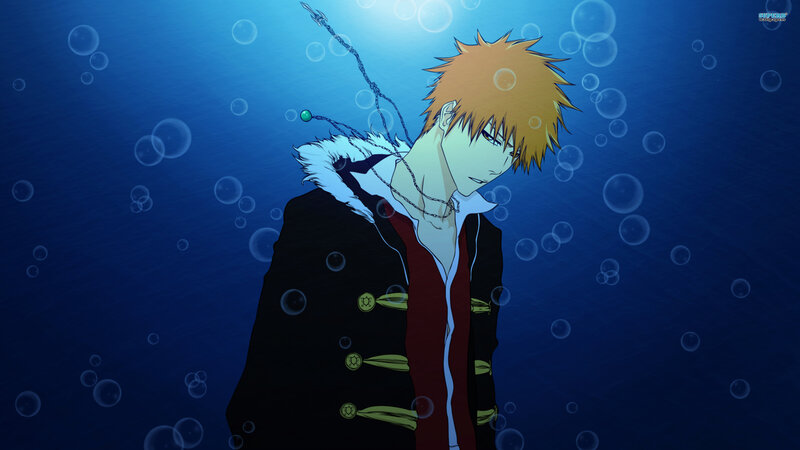 Anime Character Underwater — Blue, Serene, Bubbles, Chain, Coat