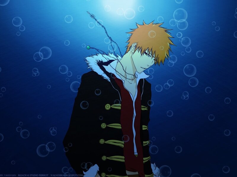 Anime Character Underwater — Blue, Serene, Bubbles, Coat
