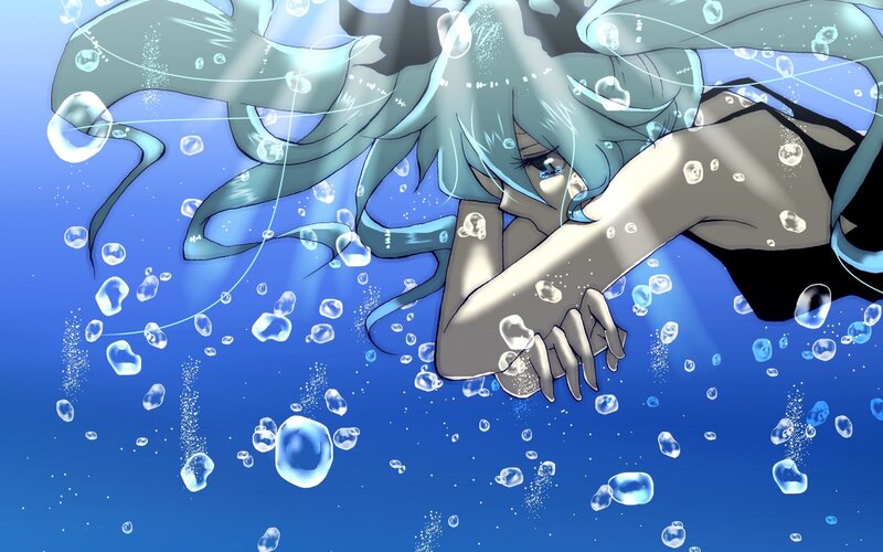 Anime Character Underwater — Blue, Serene, Bubbles, Hair