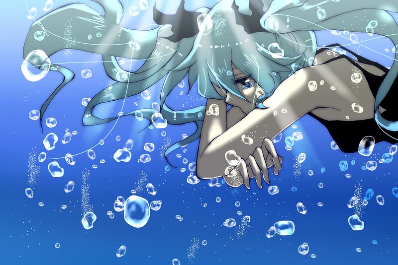 Anime Character Underwater — Blue, Serene, Digital Art, Bubbles, Hair, Swimming