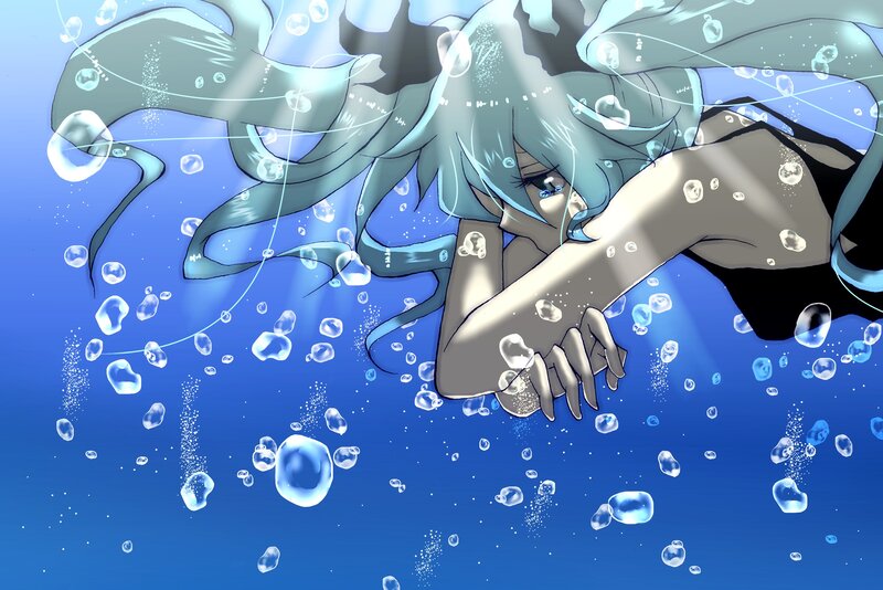 Anime Character Underwater — Blue, Serene, Digital Art, Bubbles, Hair, Swimming, White